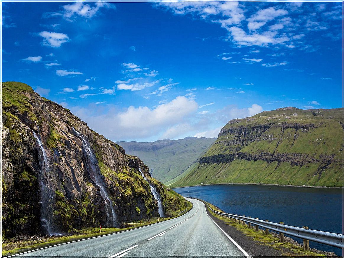 Beautiful scenery on a road in the Faroe Islands.