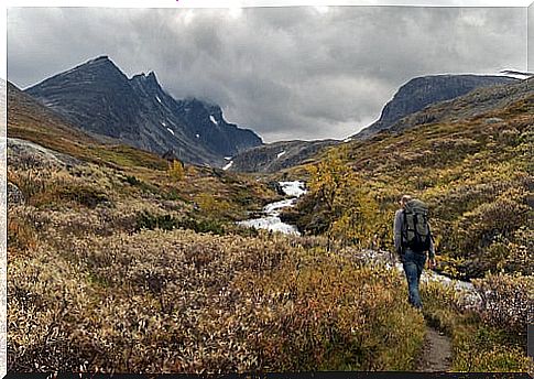 Hiker along the paths of the Jotungeimen National Park