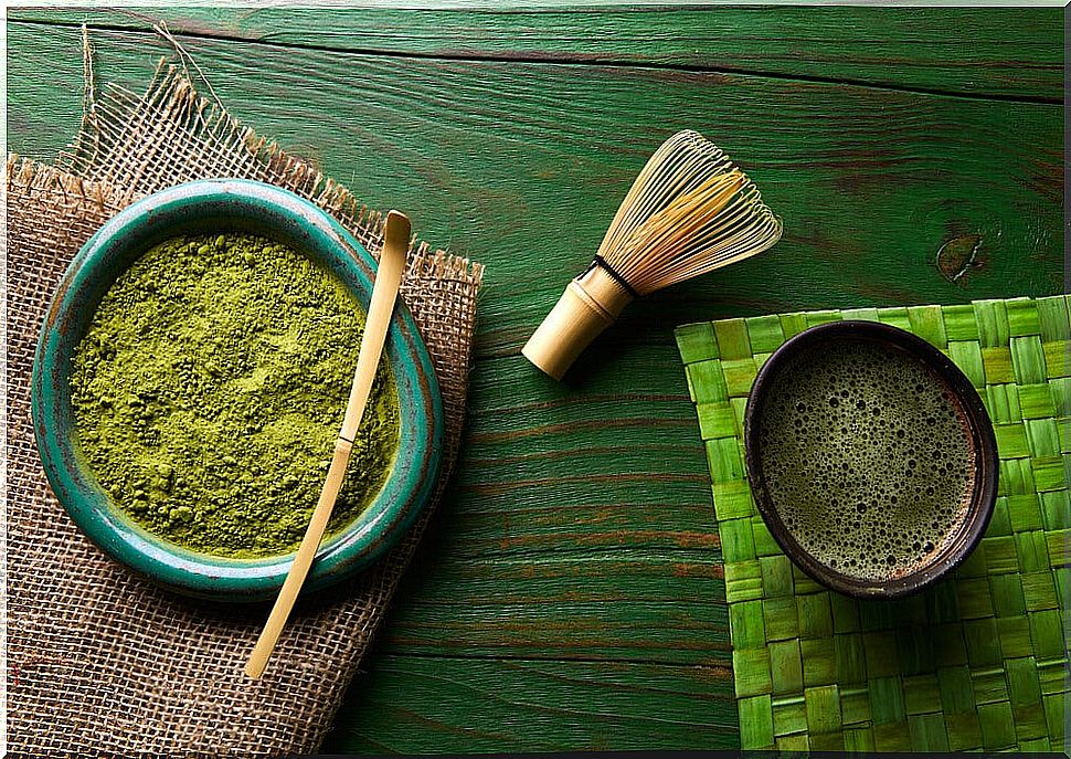 Bowls with matcha tea