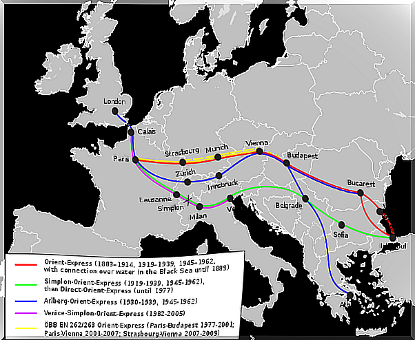 Map with the routes of the Orient Express