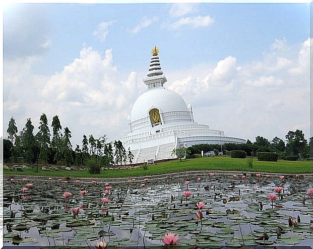 Peace Pagoda in Lumbini, one of the sacred cities of Buddhism 