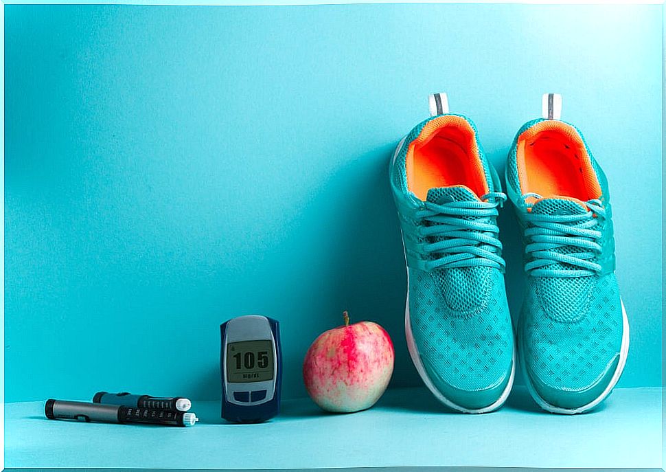 Concept of diabetes with insulin, fruit and slippers