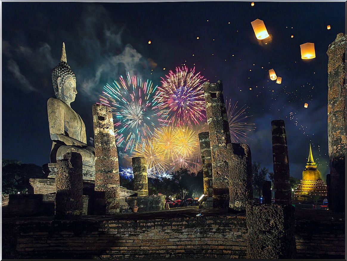 Fireworks during a celebration in Thailand.