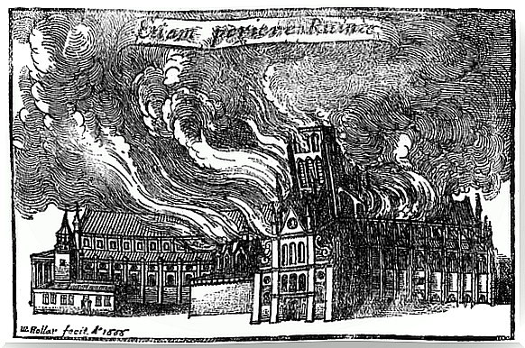 Engraving with the ancient cathedral of Saint Paul on fire