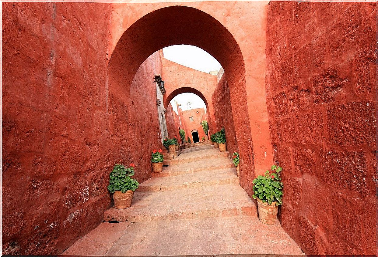 Monastery street with red walls