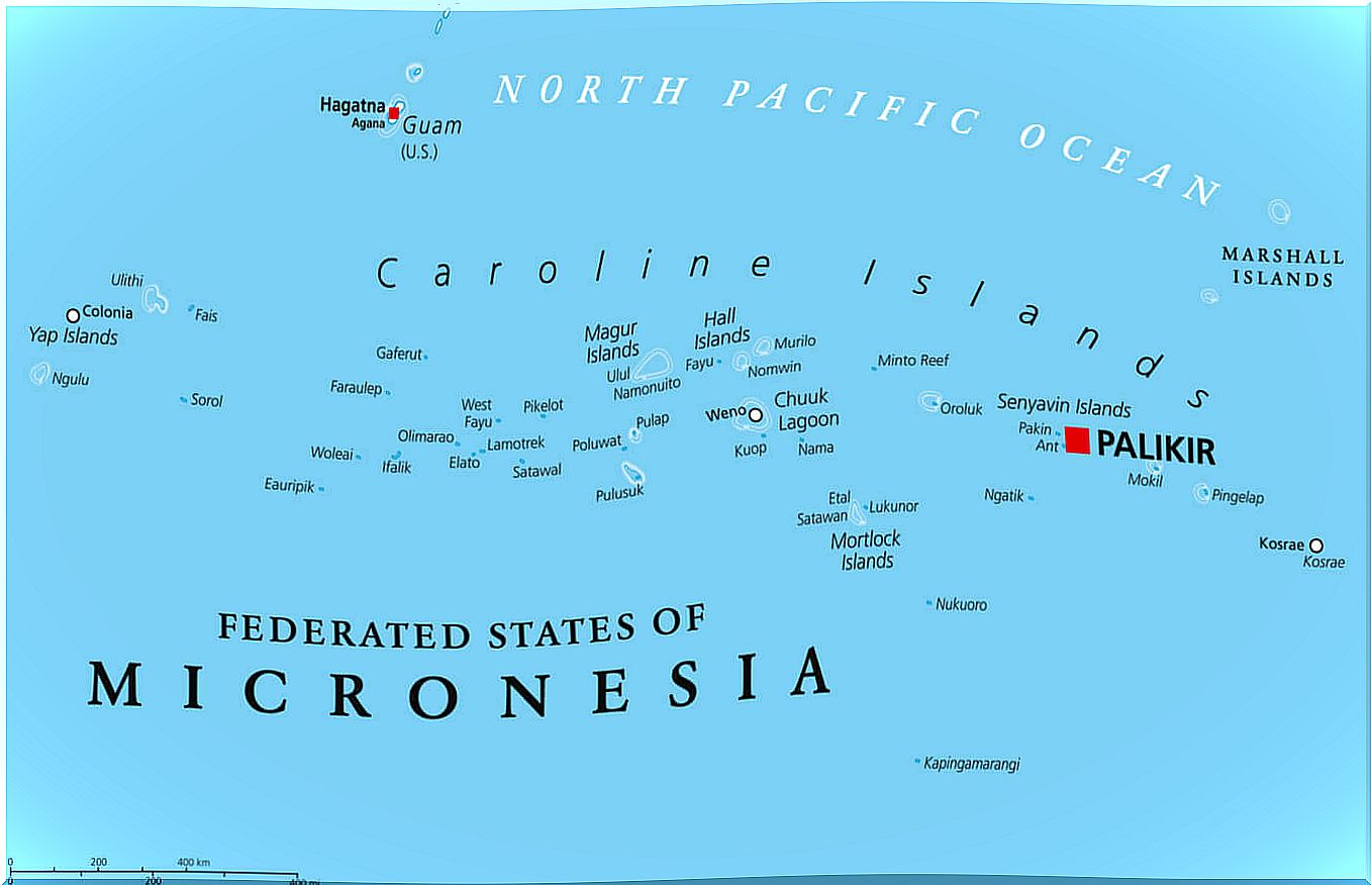 Map of the islands of the Federated States of Micronesia.