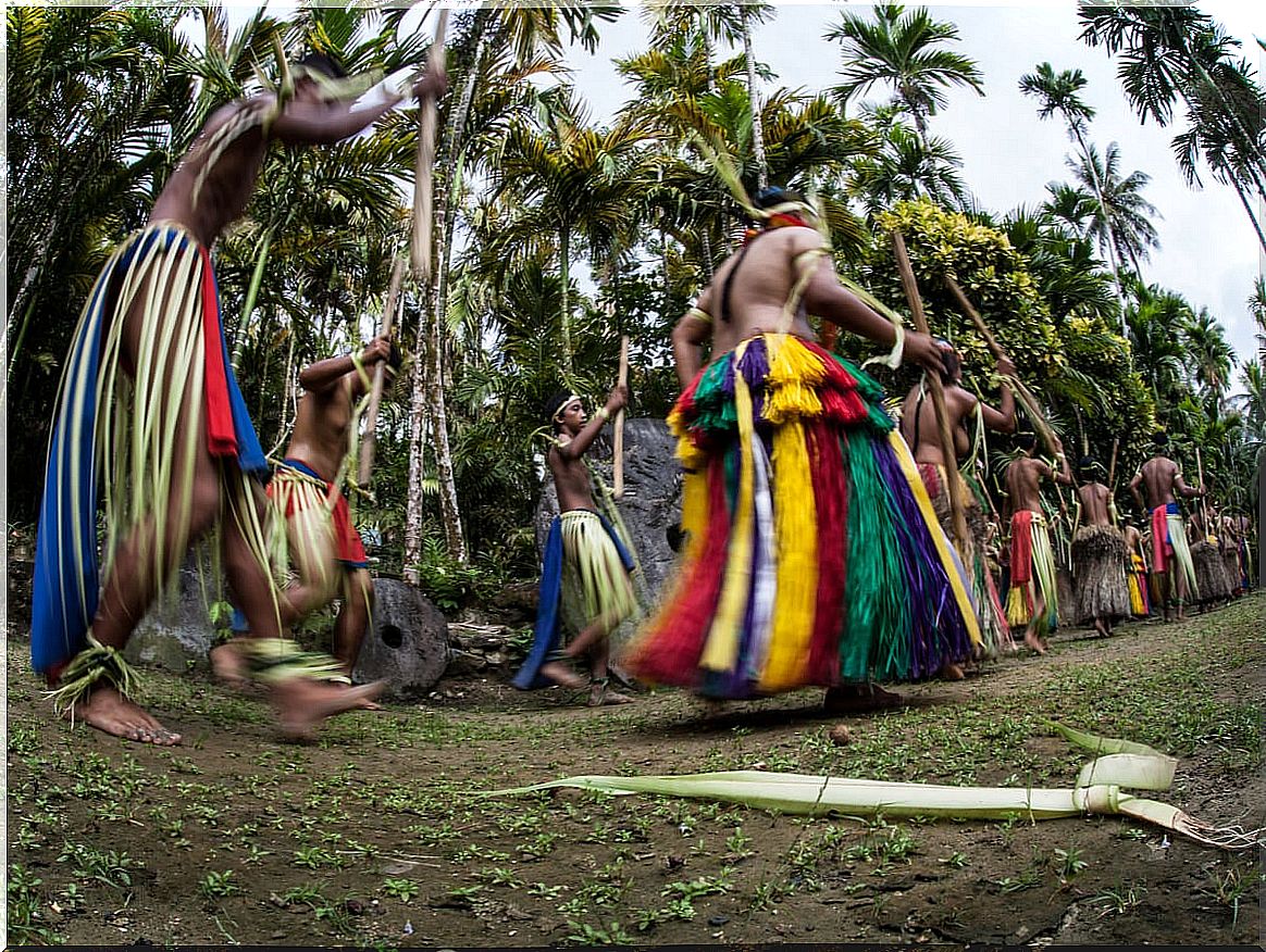 Inhabitants of Micronesia performing one of their ancestral dances.